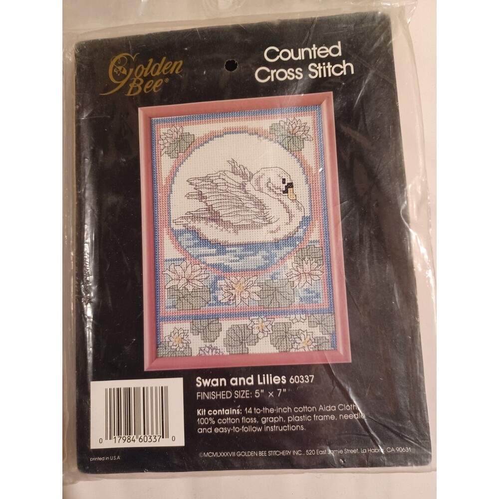 GOLDEN BEE VINTAGE Counted Cross Stitch Kit w/ FRAME SWAN LILIES 5x7 Granny Core